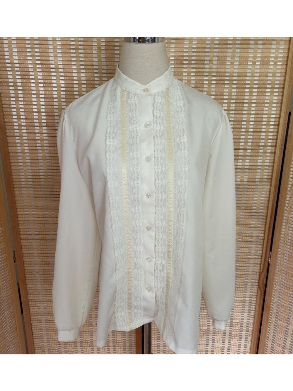 Vintage Ivory Lace Secretary Blouse Women’s L/XL | Victorian High Neck Romantic